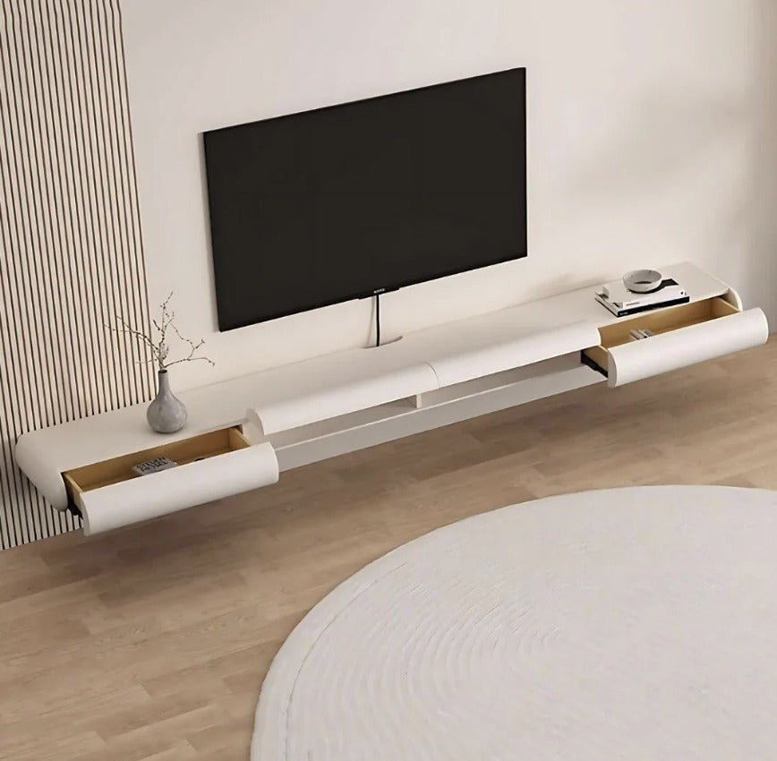Sora floating TV unit with both curved drawers open