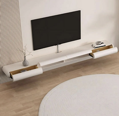 Sora floating TV unit with both curved drawers open