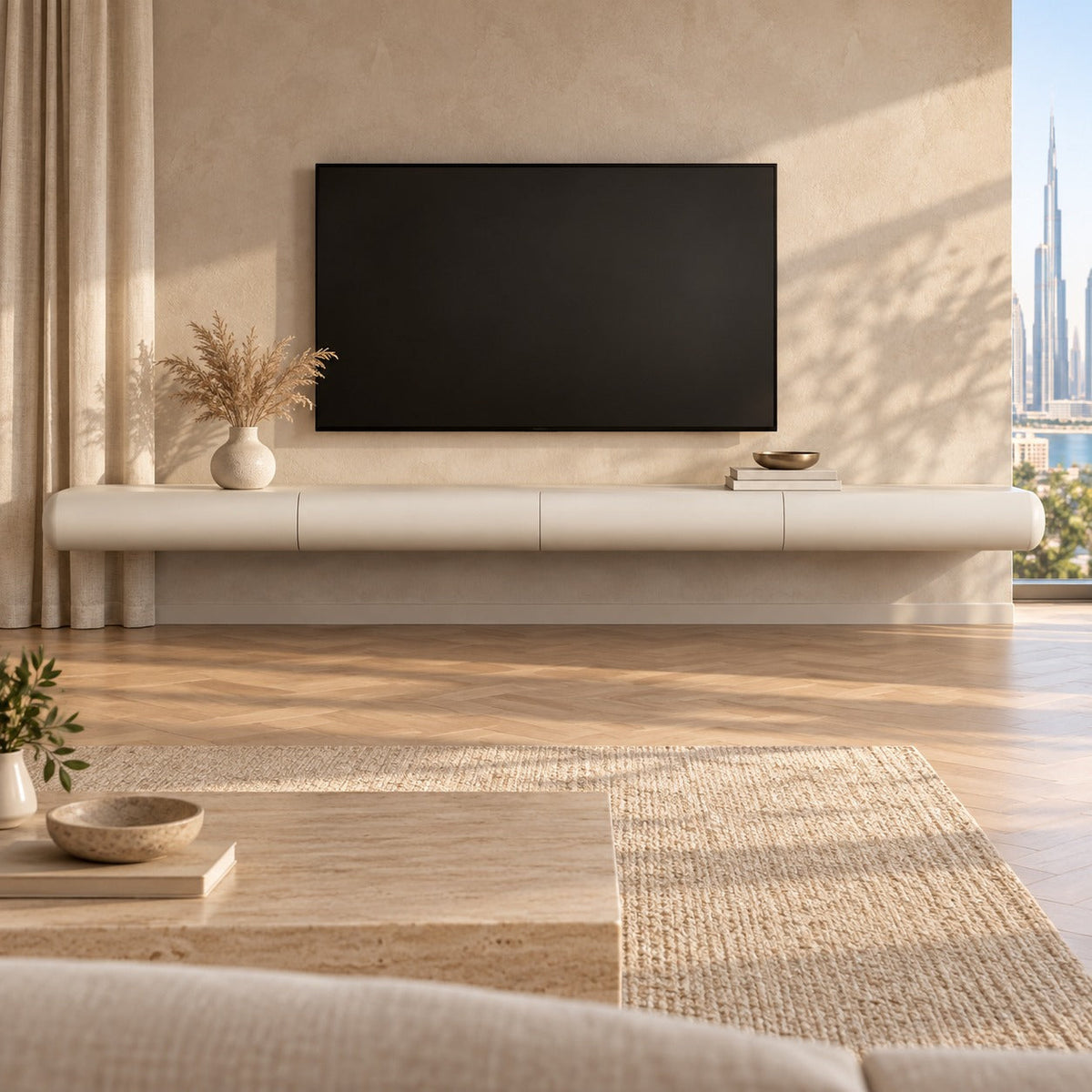 Sora cream floating TV unit 201cm wall-mounted in a Dubai living room