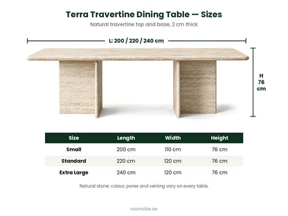 Terra travertine dining table sizes: 200, 220 and 240 cm long, 76 cm high
