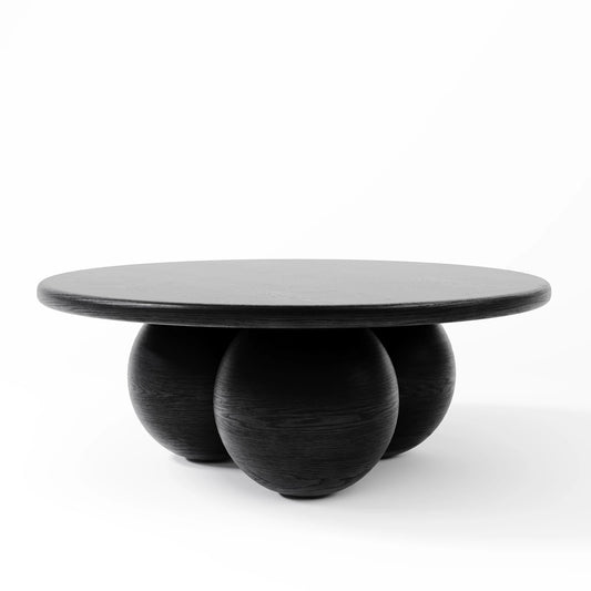 Contemporary Round Black Wood Coffee Table with Triple Spherical Globe Legs