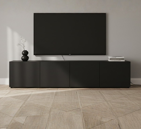 Linear Slotted Oak & Onyx TV Stand