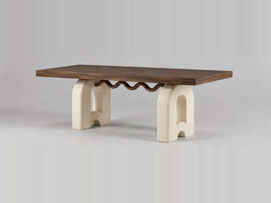 Wave Arch dining table with dark walnut oak top and off-white arch legs, RoomVibe Dubai