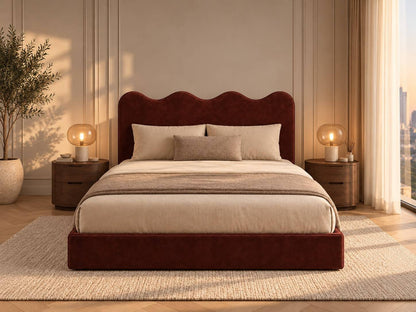 Sienna rust red velvet king bed with wavy headboard in a warm Dubai apartment bedroom — RoomVibe