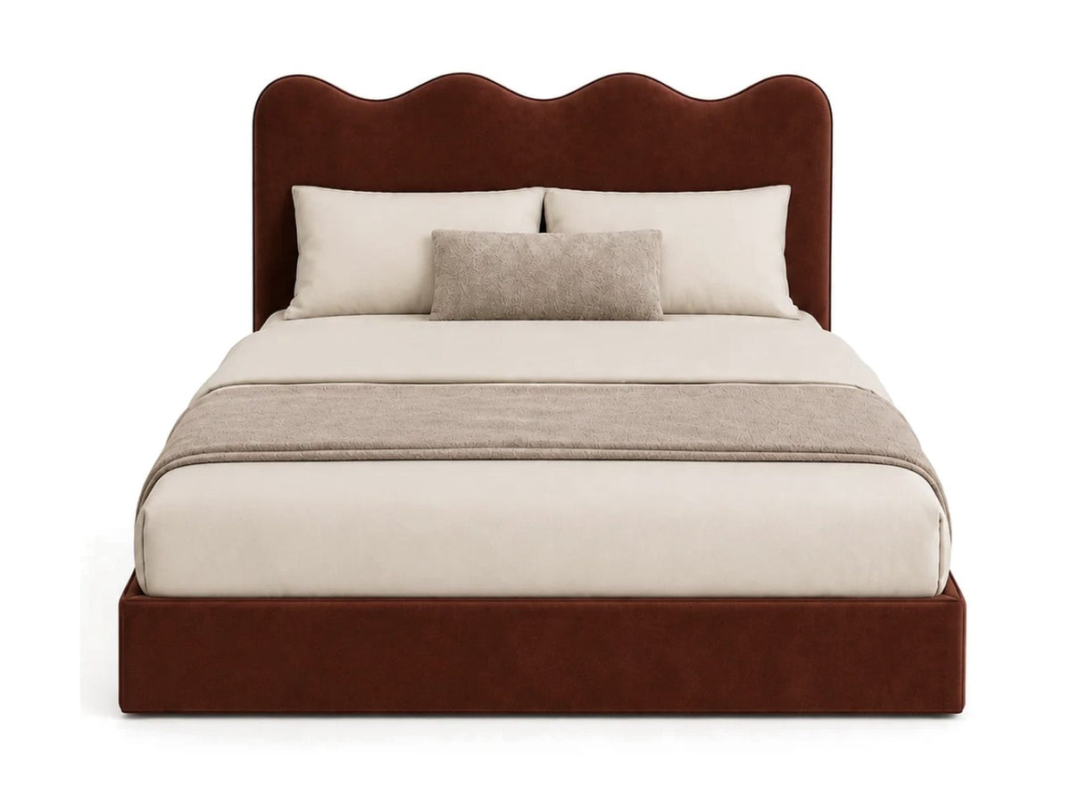 Sienna rust velvet upholstered king bed 180x200 with wavy headboard on white background — RoomVibe Dubai