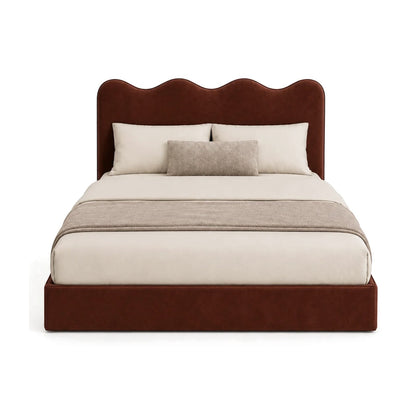 Sienna wavy headboard velvet bed front view in rust red — RoomVibe