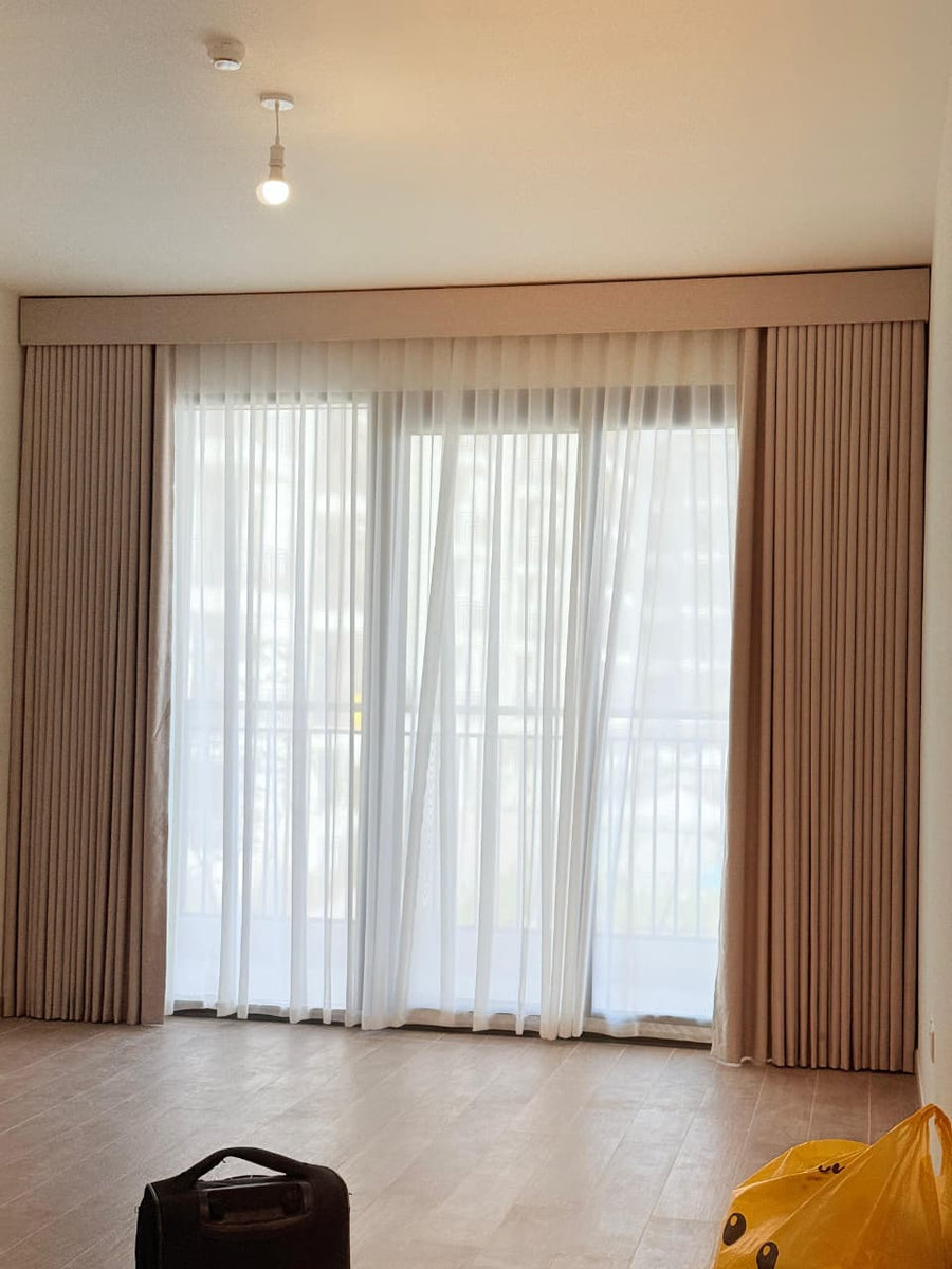 Pleated curtains in beige and white with sewn-in folds, 3 x 2m — RoomVibe Dubai