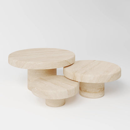 Contemporary Round Travertine Coffee Table with Solid Cylindrical Pedestal
