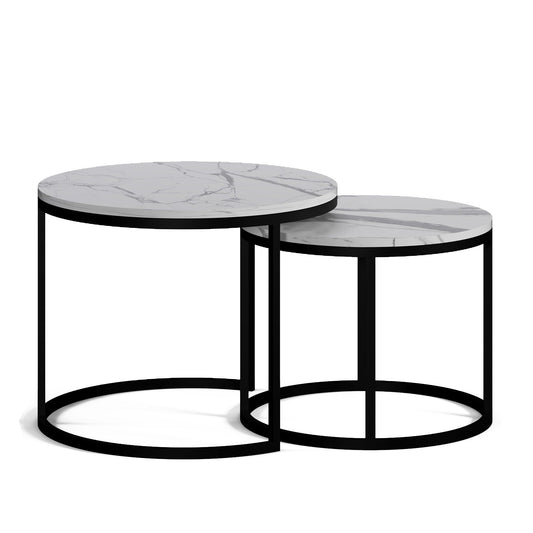 The Duo-Marble Set: Modern Tiered Nesting Tables with Slim Black Circular Supports